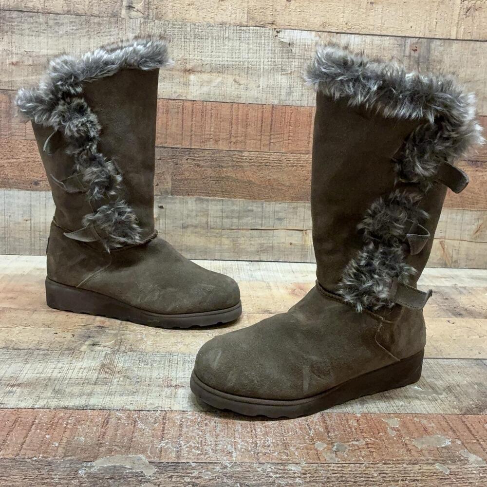 Bearpaw Boots Womens Size 9 40 Brown Suede Shearling Mid Calf Wedge Winter